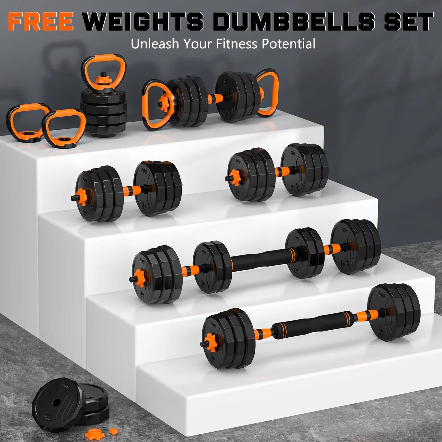 66 lb 4-in-1 Adjustable Dumbbell Set with Connector - Versatile Free Weight System for Barbell, Kettlebell, and Push-Up Stand Exercises for Home Gym - Suitable for Men and Women