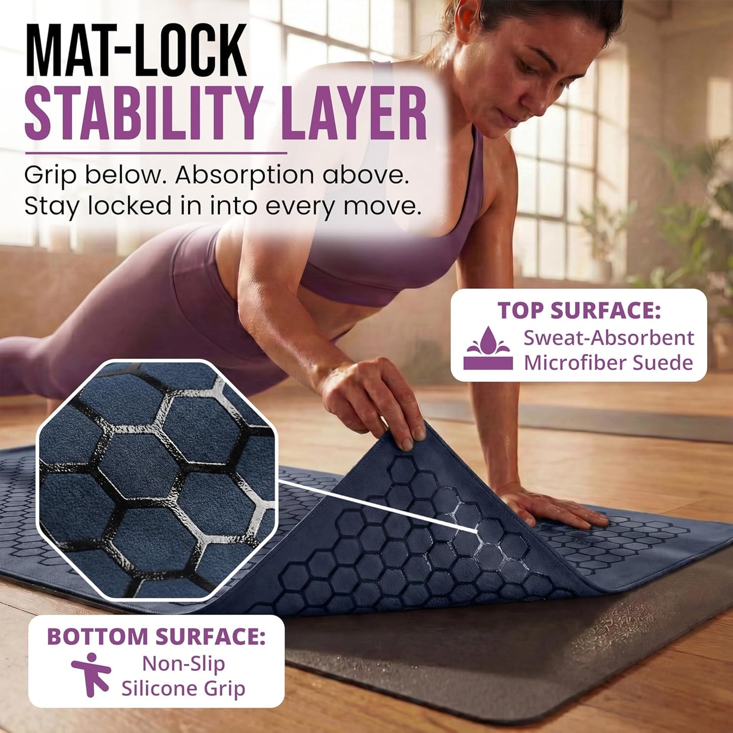 Premium Non-Slip Hot Yoga Mat Towel - Sweat Absorbent with Honeycomb Silicone Grip, Lightweight and Washable - Ideal for Pilates and Travel - Dark Blue