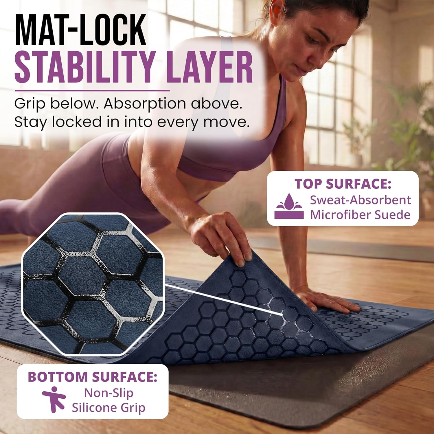 Premium Non-Slip Hot Yoga Mat Towel - Sweat Absorbent with Honeycomb Silicone Grip, Lightweight and Washable - Ideal for Pilates and Travel - Dark Blue