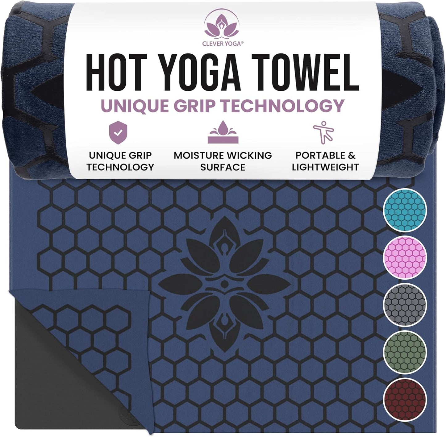 Premium Non-Slip Hot Yoga Mat Towel - Sweat Absorbent with Honeycomb Silicone Grip, Lightweight and Washable - Ideal for Pilates and Travel - Dark Blue
