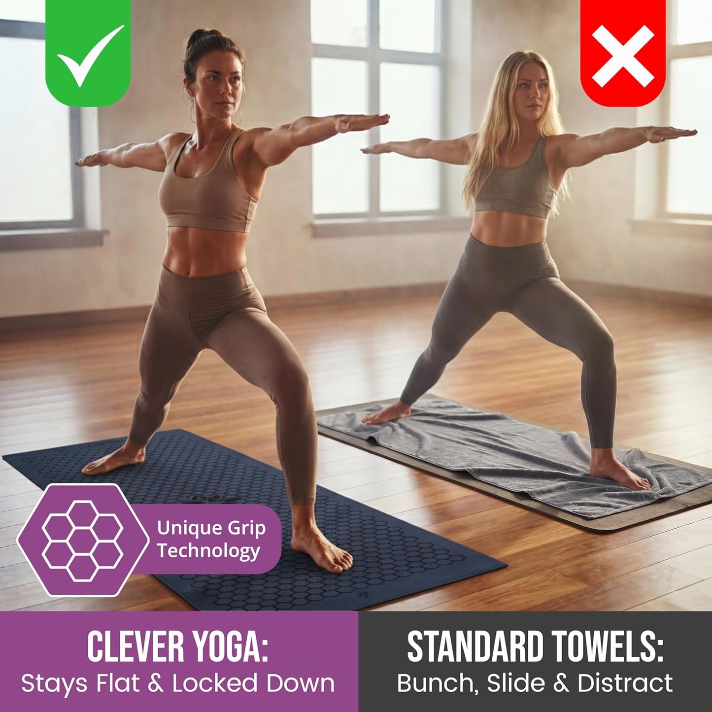 Premium Non-Slip Hot Yoga Mat Towel - Sweat Absorbent with Honeycomb Silicone Grip, Lightweight and Washable - Ideal for Pilates and Travel - Dark Blue